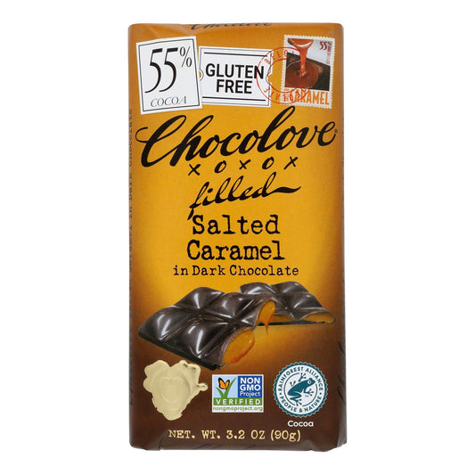 Chocolove Xoxox - Barra de chocolate amargo - Caramelo salado - Caja de 10 - 3.2 Oz