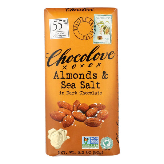 Chocolove Xoxox - Barra de chocolate premium - Chocolate oscuro - Almendras y sal marina - Barras de 3,2 oz - Caja de 12