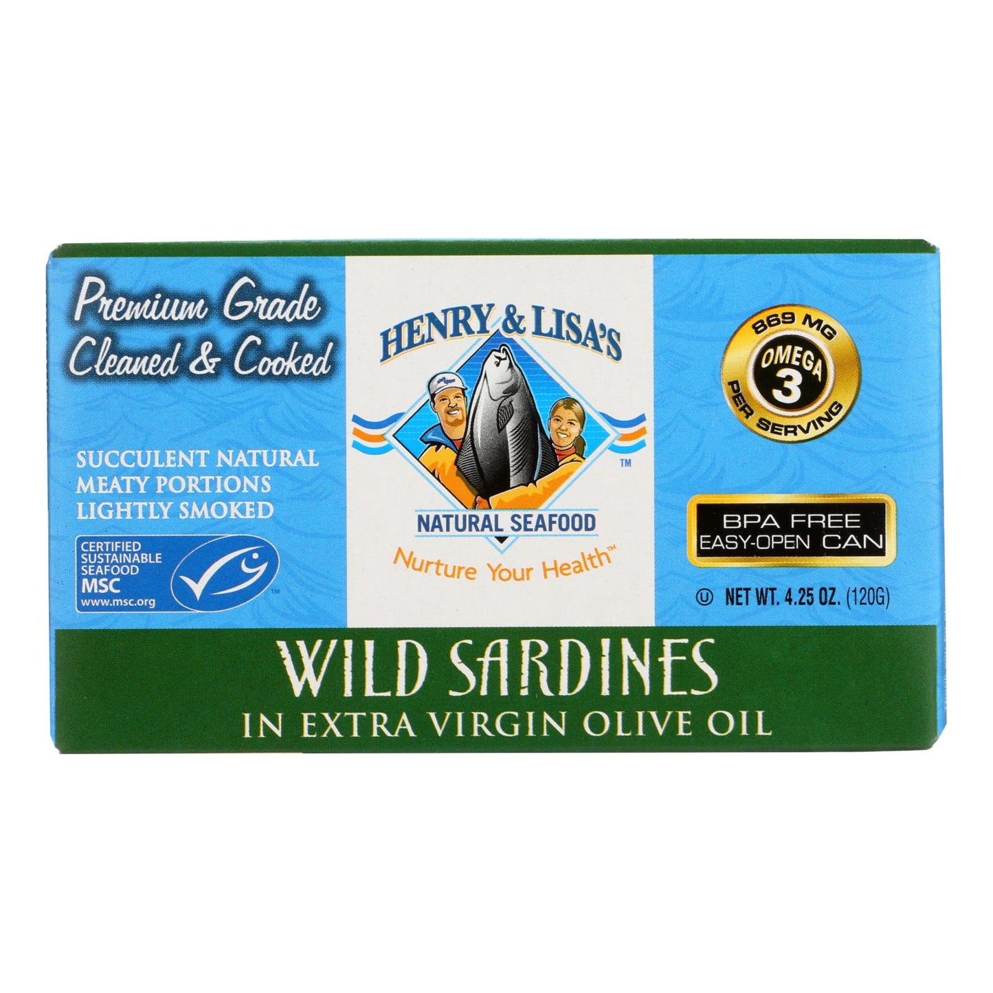 Sardinas silvestres de mariscos naturales de Henry And Lisa en aceite de oliva virgen extra - Caja de 12 - 4.25 oz.