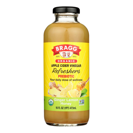 Bragg - Vinagre de sidra de manzana, jengibre, limón, miel, refrescante - Caja de 12-16 Fz