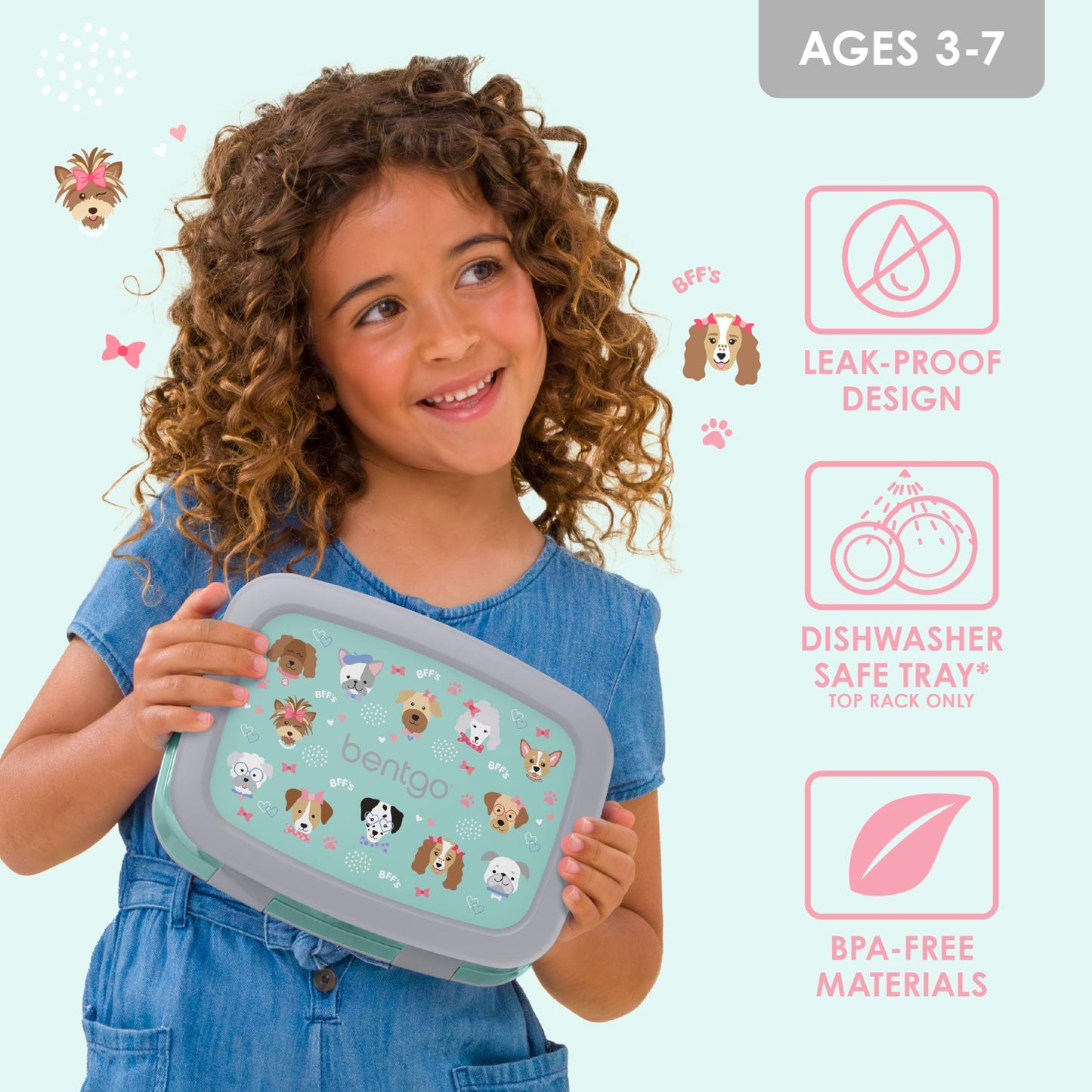 Bentgo Kids Prints Leak-Proof, 5-Compartment Bento-Style Kids Lunch Box - Ideal Portion Sizes for Ages 3-7, Durable, Drop-Proof, Dishwasher Safe, & Made with BPA-Free Materials (Puppy Love)