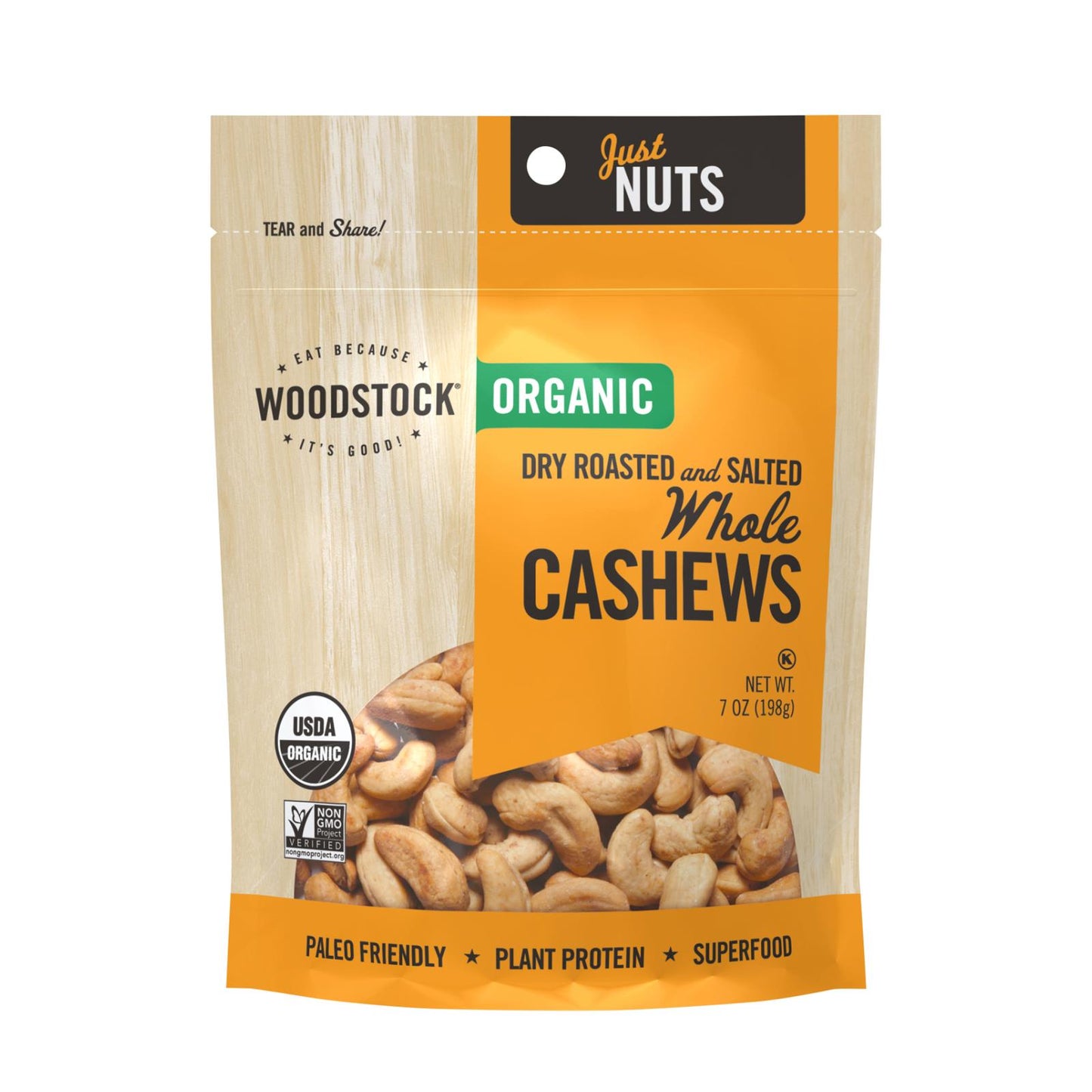 Woodstock Organic Whole Cashews, Dry Roasted And Salted - Case Of 8 - 7 Oz