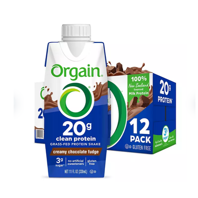 Orgain 20g Clean Protein Grass Fed Shake, Creamy Chocolate Fudge 11 fl. oz., 12 pk.