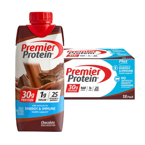 Premier 30g Protein PLUS Energy and Immune Support Shakes, Chocolate, 11 fl oz, 18-pack