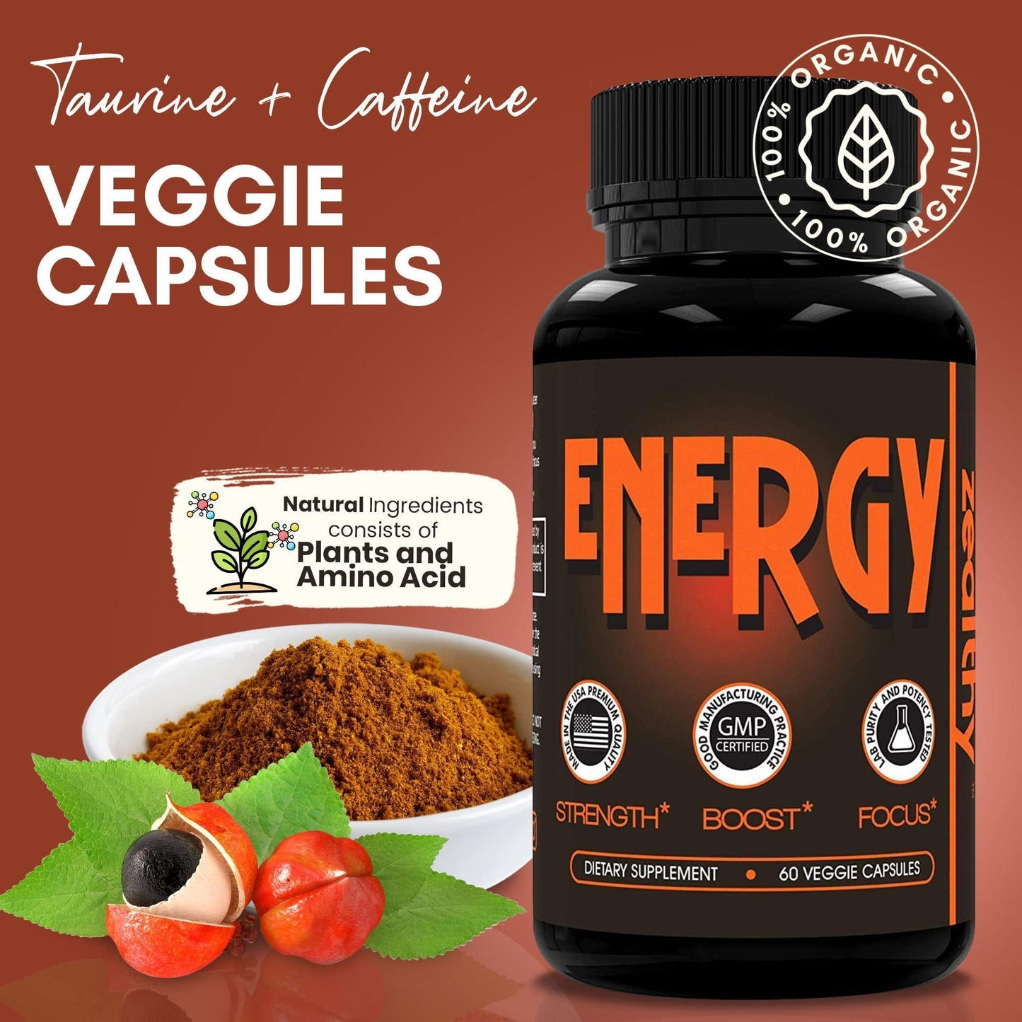 Caffeine Pills Alternative to an Energy Drink Energy Gel or Energy Gummies 60 Capsules