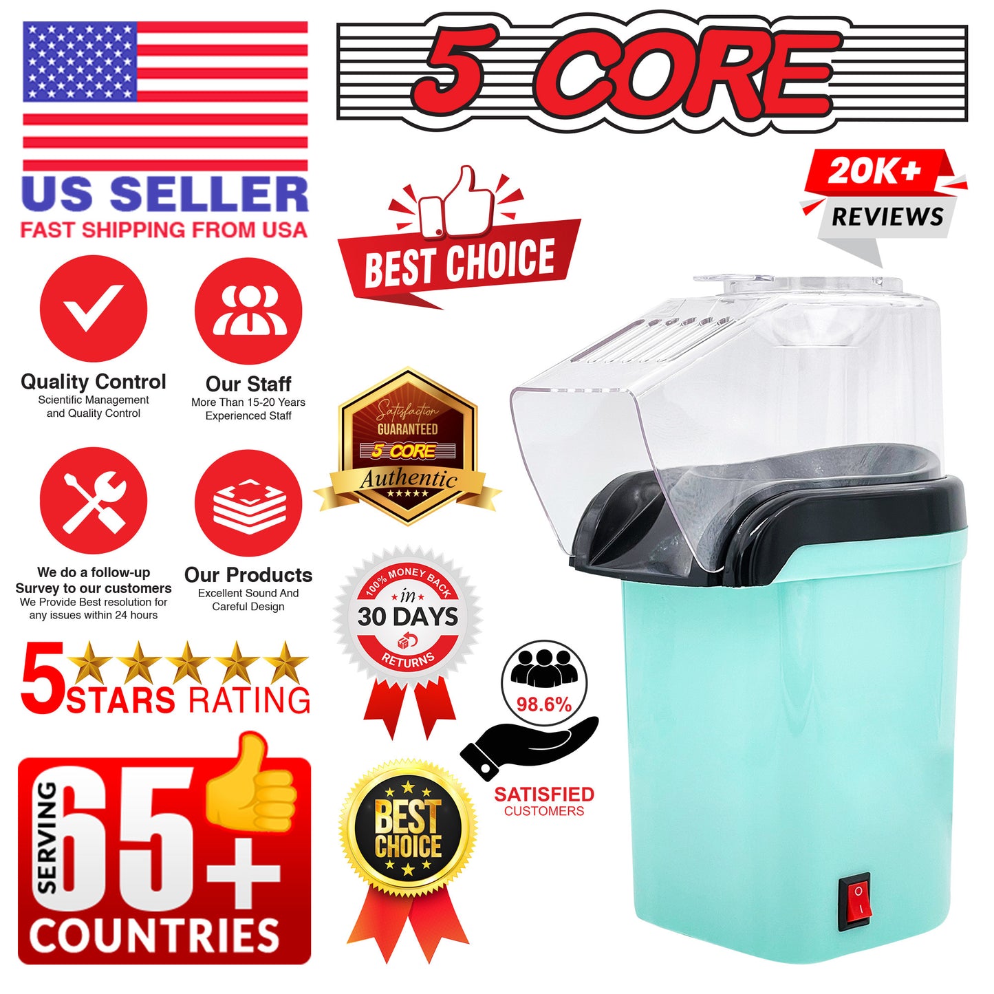 5 Core Hot Air Popcorn Popper Machine