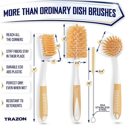 Beige Dish Brush Set of 4 with Bottle Water