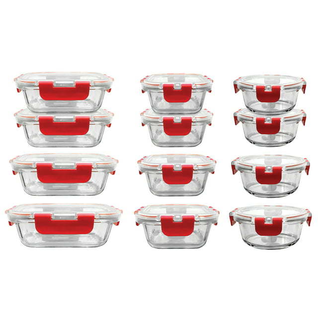 24-Piece Glass Food Storage Set with Locking Hinge Red Lids