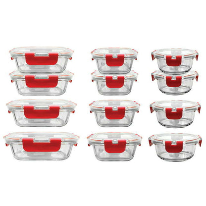 24-Piece Glass Food Storage Set with Locking Hinge Red Lids