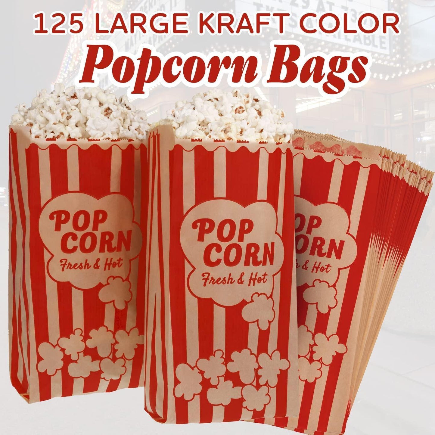 Popcorn Bags 2oz Bulk Pack of 125 Large Brown Red Individual Pop Corn Paper Bags Family Movie Night Mini Snack Boxes Concession Stand Party or Game Supplies