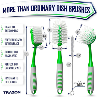 Dish Brush Set of 4 with Bottle Water Brush Scrub Brush and Scrubber Brush Green Brushes for Kitchen Ergonomic Non Slip Long Handle for Cleaning Cleaner Wash Sink Dishes Bottle Cup