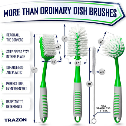 Dish Brush Set of 4 with Bottle Water Brush Scrub Brush and Scrubber Brush Green Brushes for Kitchen Ergonomic Non Slip Long Handle for Cleaning Cleaner Wash Sink Dishes Bottle Cup