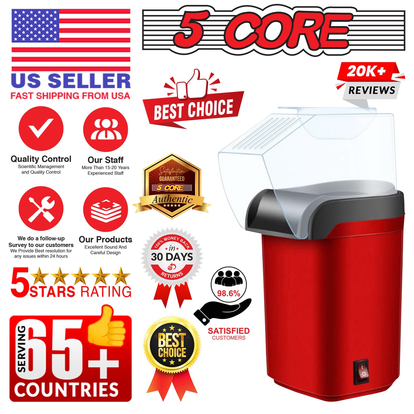 5 Core Hot Air Popcorn Popper Machine