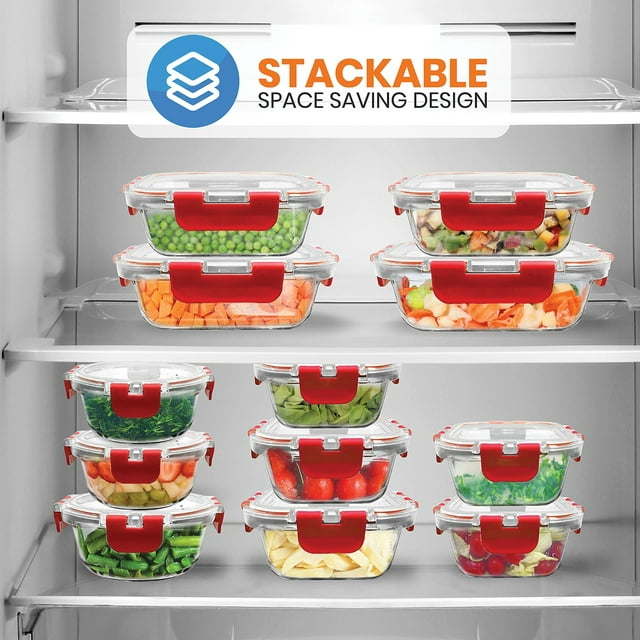 24-Piece Glass Food Storage Set with Locking Hinge Red Lids