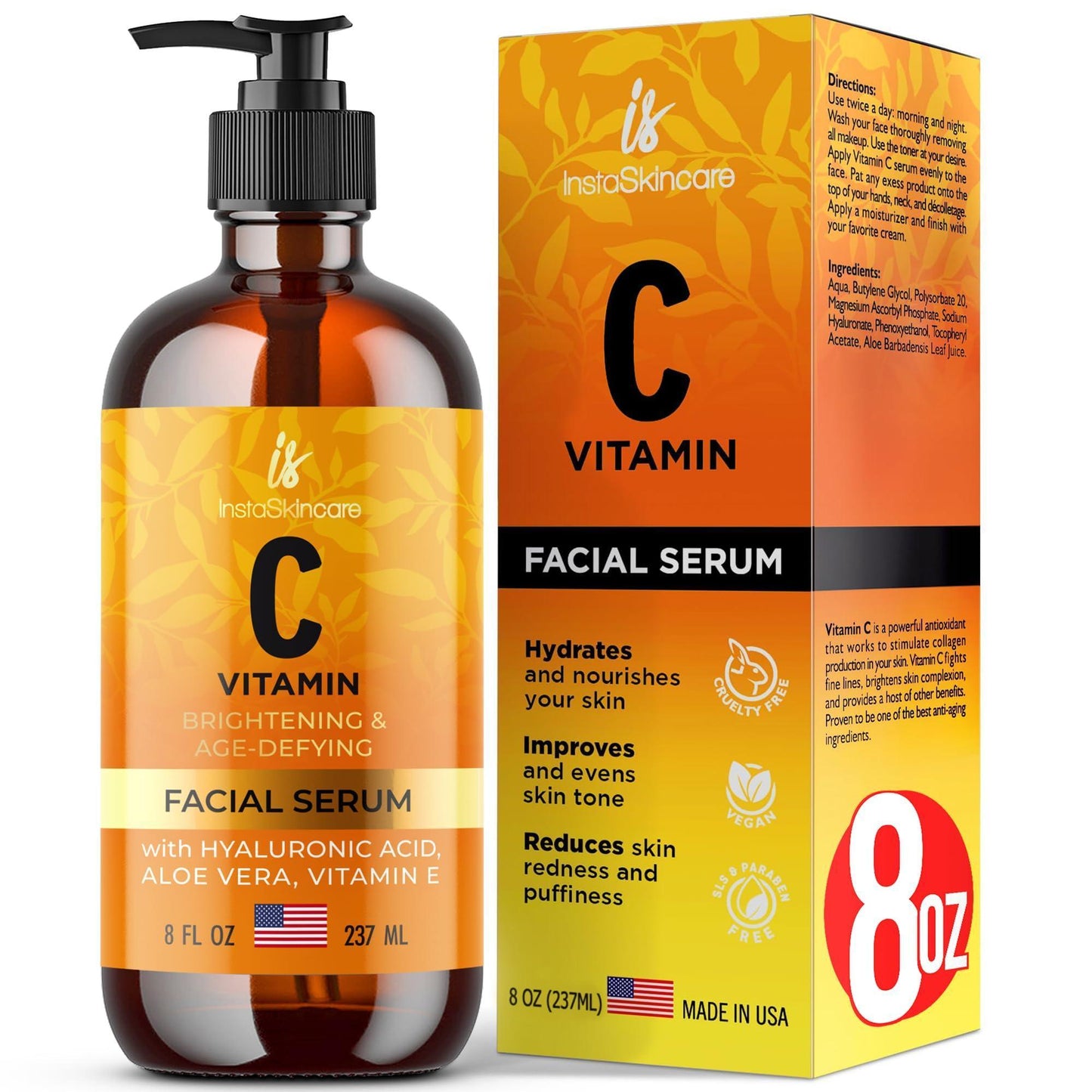 Vitamin C Serum for Face and Eyes with Hyaluronic Acid and Vitamin E Brightening Serum Dark Spots Eye Area Wrinkles 8 Oz