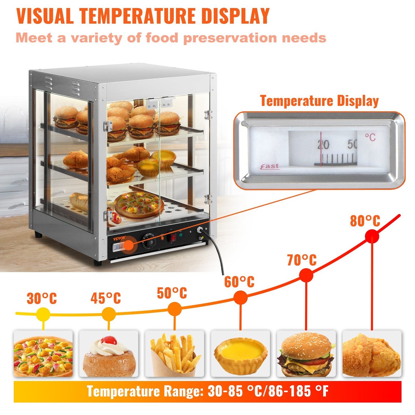 VEVOR Gabinete para pizza con encimera calentador de alimentos comercial de 3 niveles con bandeja de agua