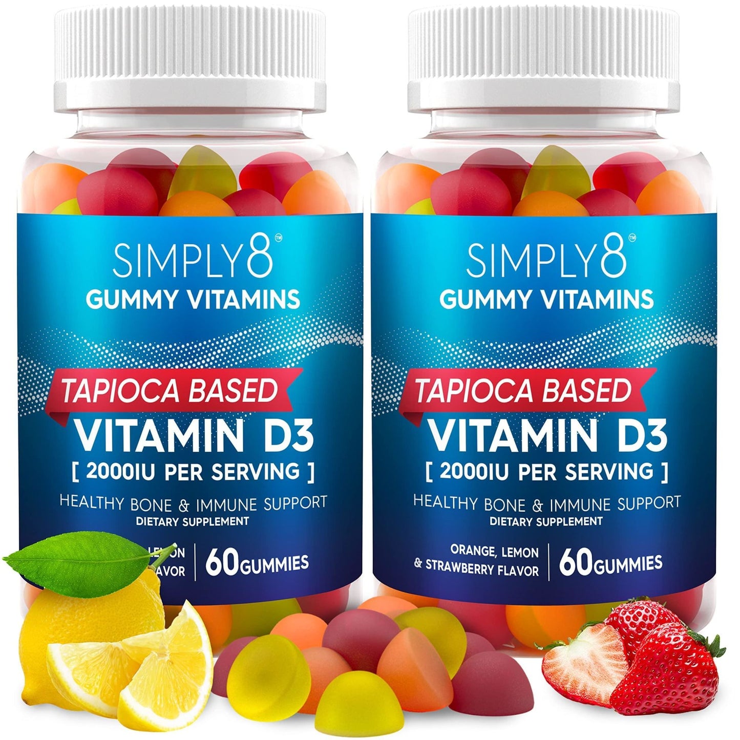 Vitamin D3 2000 IU Supports Immunity Bone Joint Health 2 Mo.Supply Tapioca Based for Kids and Adults Gelatin Free Chewable Gummies Vegetarian Kosher Halal