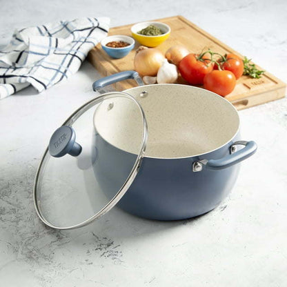 Clean Ceramic 5 Quart Non-Stick Aluminum Dutch Oven with Glass Lid, Slate Blue