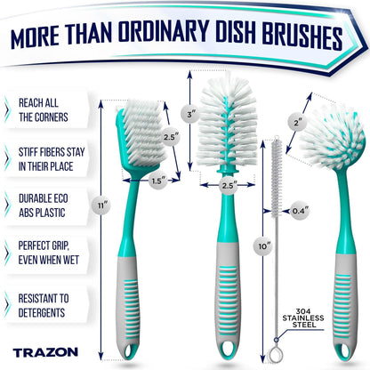 Dish Brush Set of 4 with Bottle Water Brush Dish Scrub Brush Scrubber Brush and Straw Brush Mint Color Kitchen Brushes Ergonomic Non Slip Long Handle for Cleaning