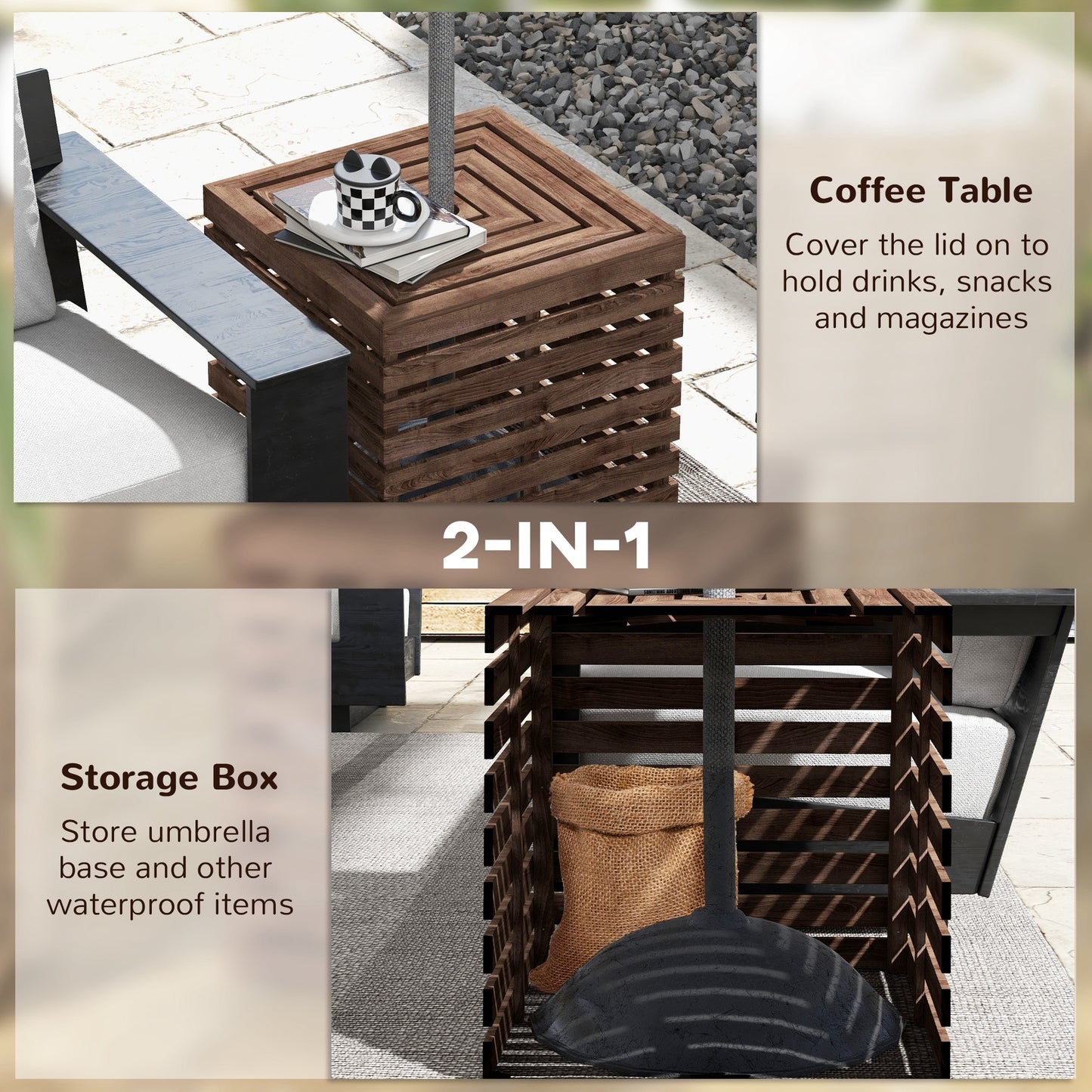 Outsunny 2-in-1 Outdoor Storage Box for Umbrella Base, Coffee End Table, Wooden Patio Umbrella Stand Table with Umbrella Hole, Brown