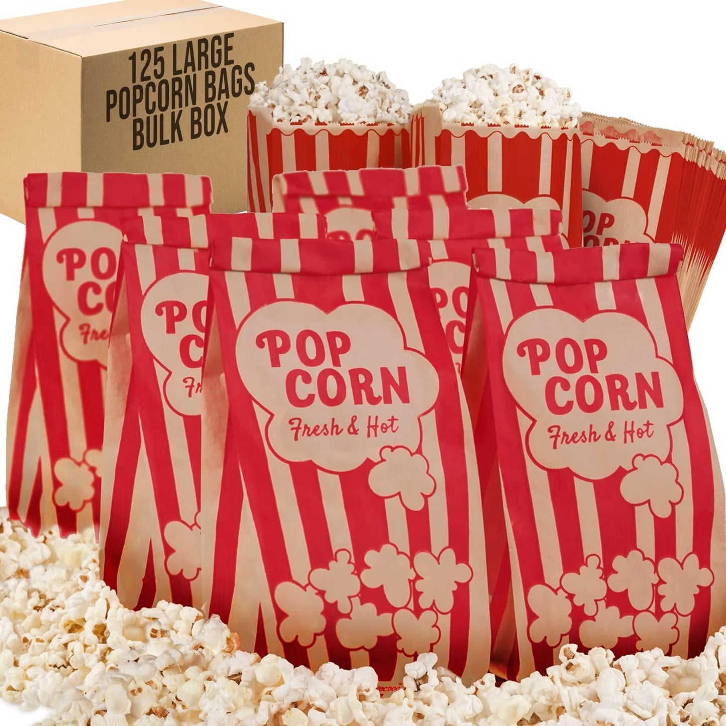 Popcorn Bags 2oz Bulk Pack of 125 Large Brown Red Individual Pop Corn Paper Bags Family Movie Night Mini Snack Boxes Concession Stand Party or Game Supplies