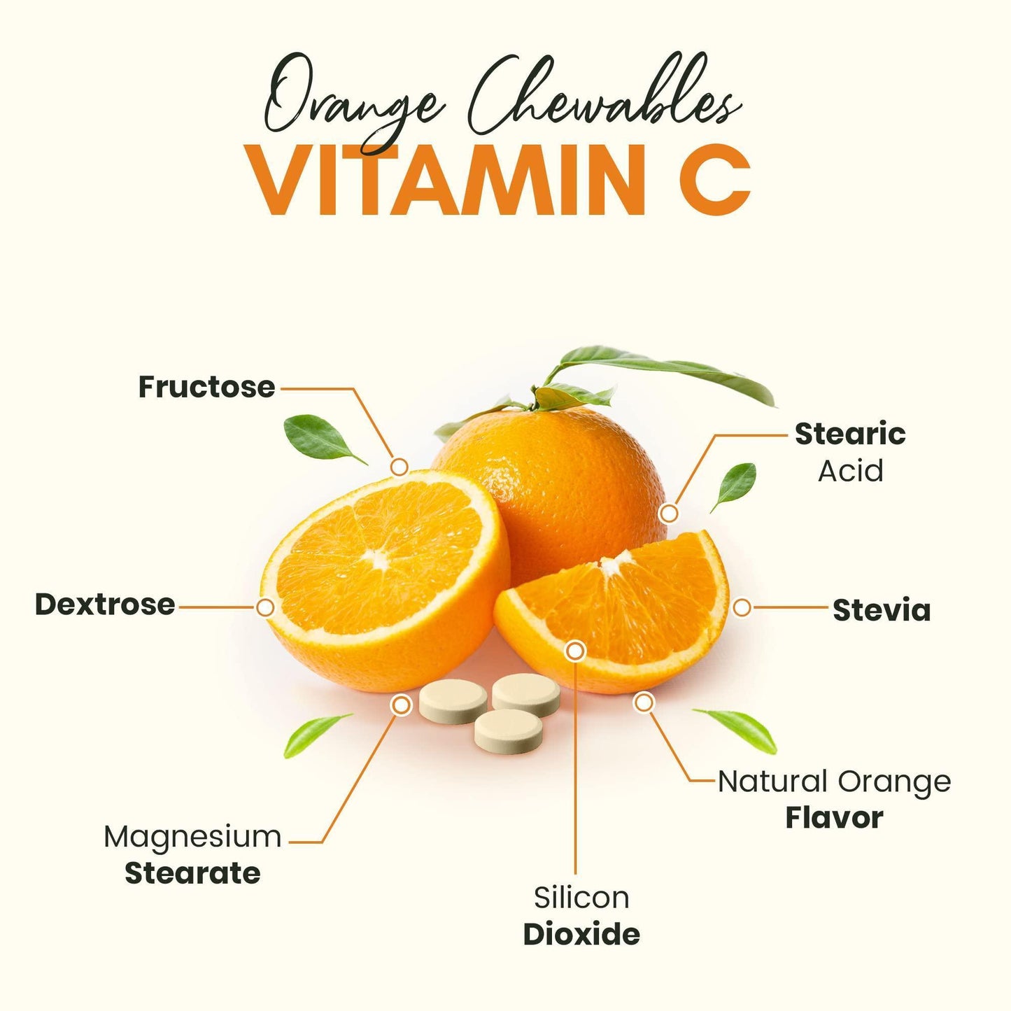 Vitamin C 500mg Orange Flavor Chewable Immune Support Supplement with Antioxidants 120 Capsules