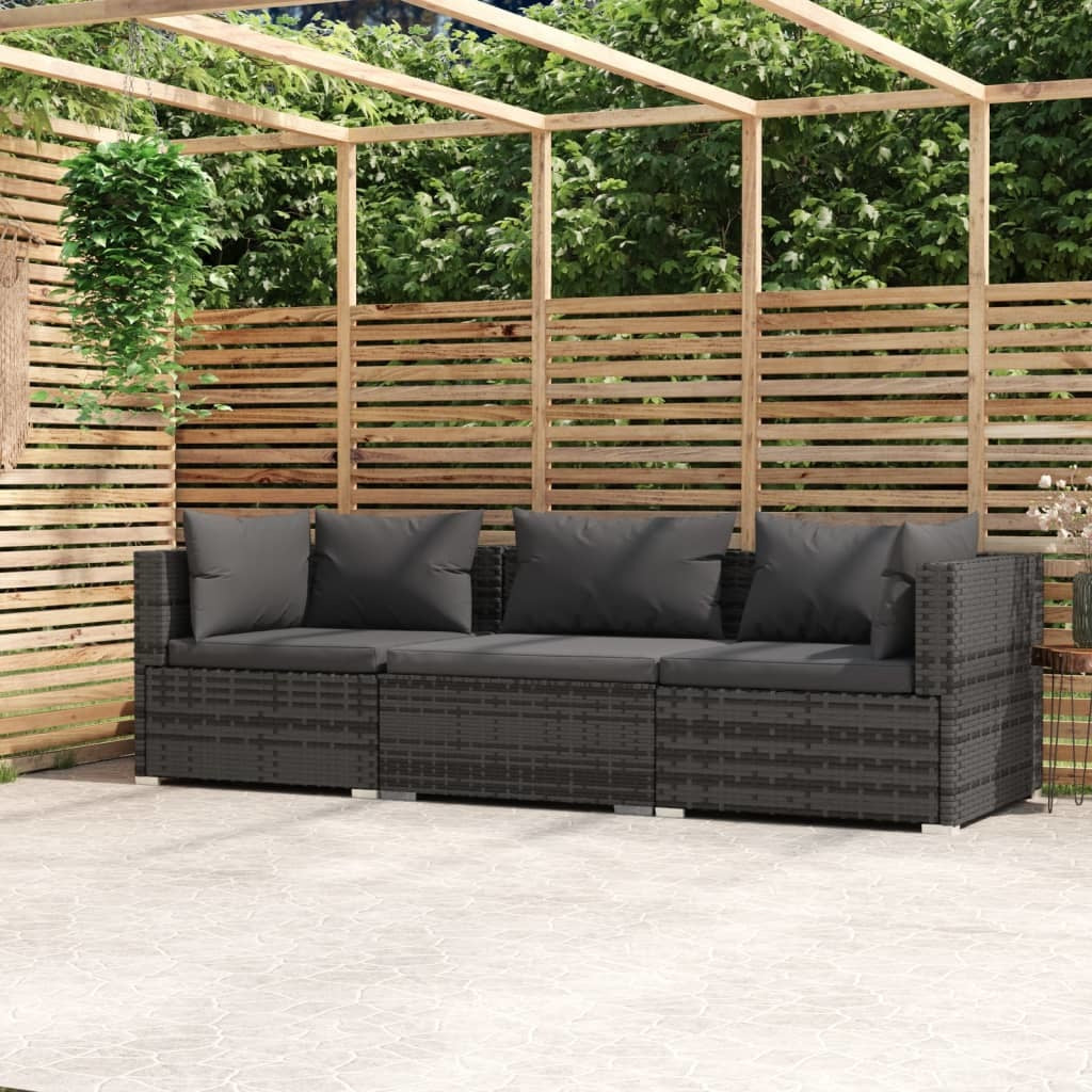 Wicker Patio Furniture 3 Piece with Cushions Gray Poly Rattan