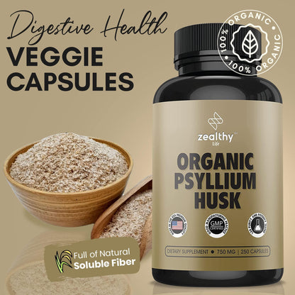 Cápsulas de cáscara de psyllium Suplemento de fibra natural para la salud intestinal 750 mg 250 cápsulas