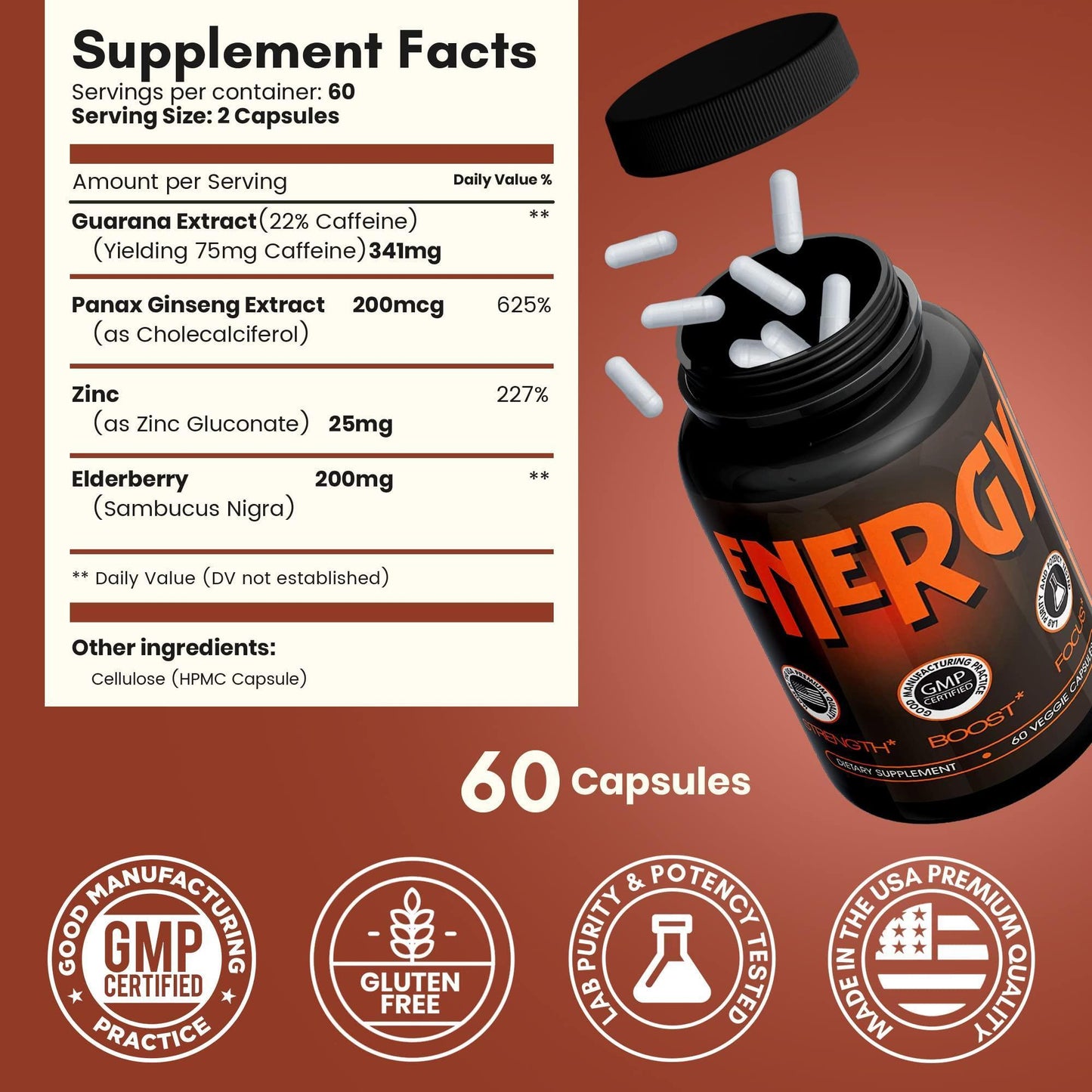 Caffeine Pills Alternative to an Energy Drink Energy Gel or Energy Gummies 60 Capsules