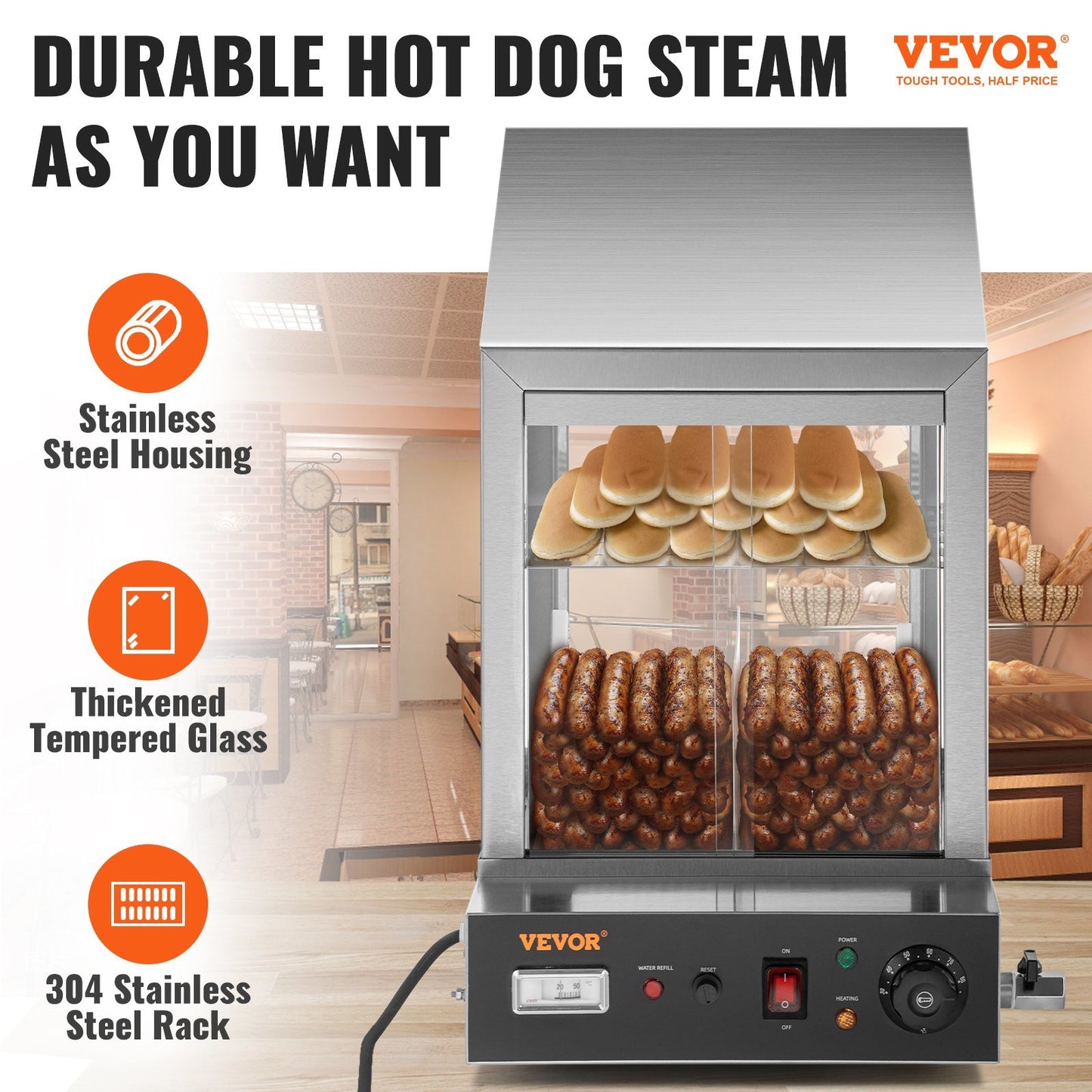 VEVOR Vaporizador comercial para perritos calientes de 1200 W, calentador eléctrico para panecillos de 2 niveles con puertas corredizas