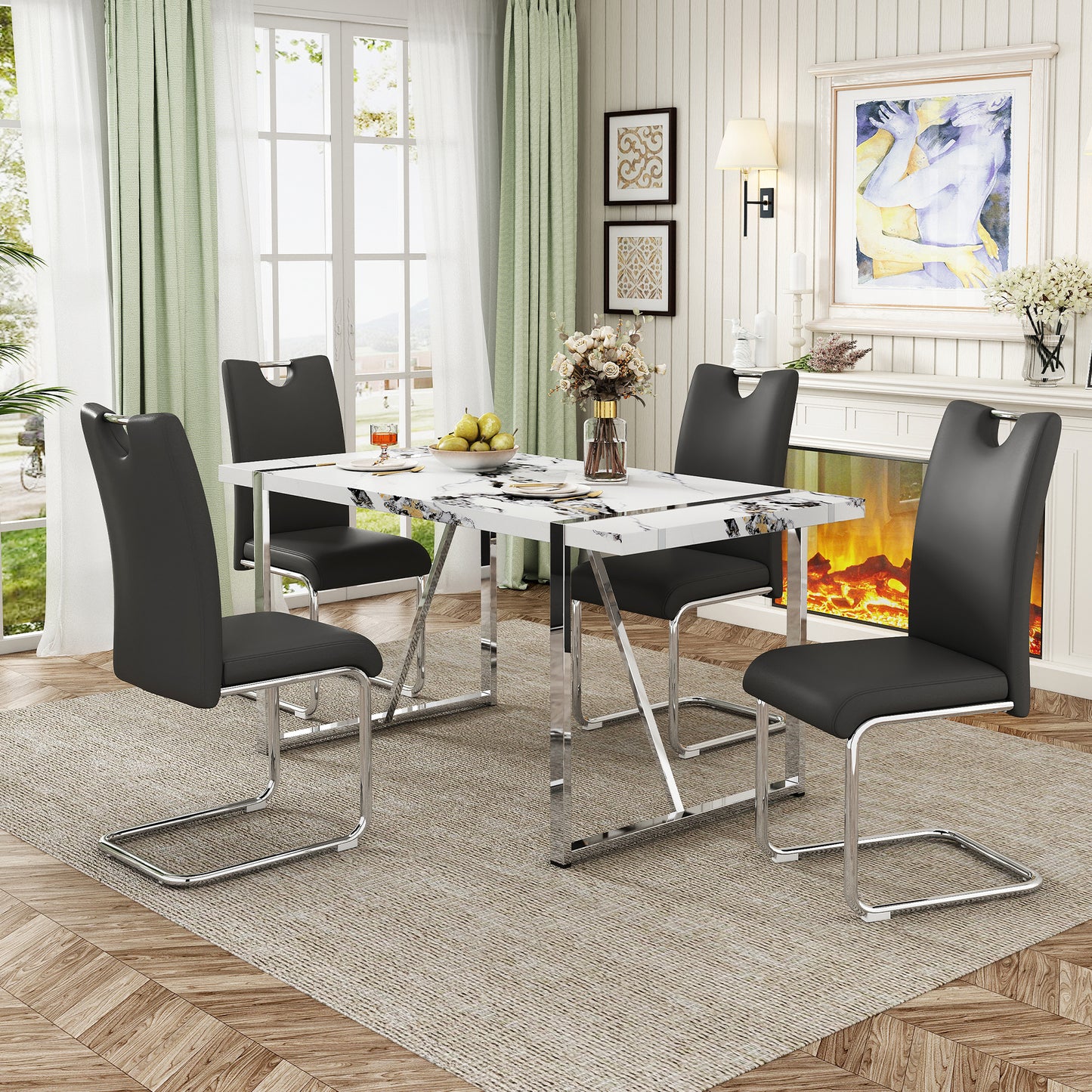 5-Piece Dining Table Chairs Set, White Table/Black Chairs