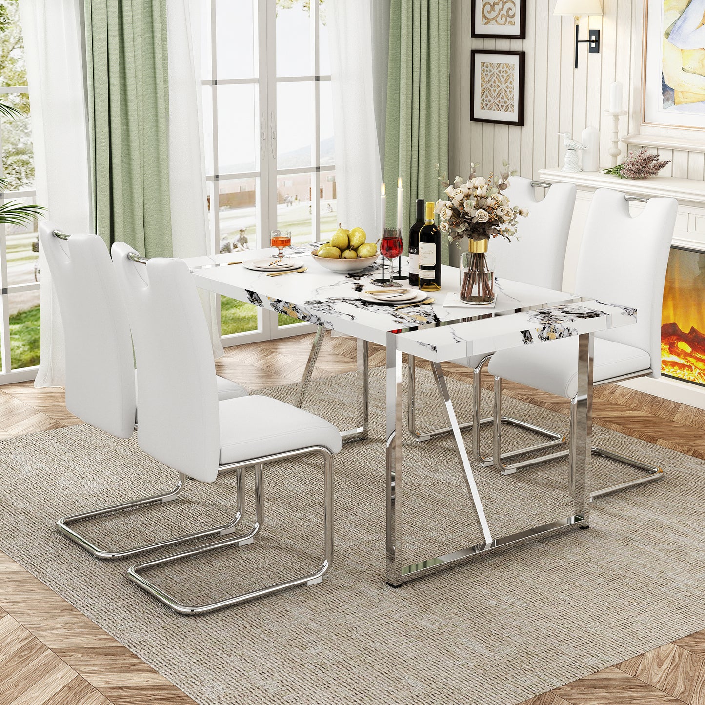 5-Piece Dining Table Chairs Set, White Table/Black Chairs