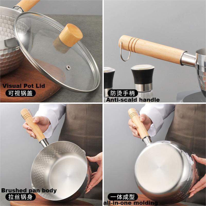 Stainless steel snow flat pan Japanese wooden handle milk pot uncoated household baby auxiliary pot soaking noodles non-stick hammer grain saucepan