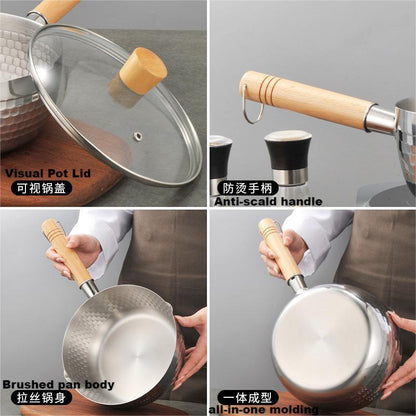 Stainless steel snow flat pan Japanese wooden handle milk pot uncoated household baby auxiliary pot soaking noodles non-stick hammer grain saucepan