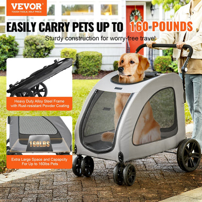 VEVOR Pet Stroller, 4 Wheels Dog Stroller Rotate with Brakes, 160lbs Weight Capacity