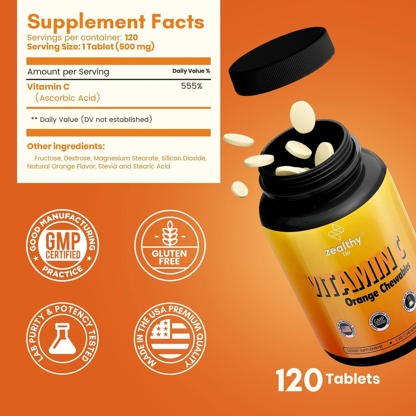 Vitamin C 500mg Orange Flavor Chewable Immune Support Supplement with Antioxidants 120 Capsules