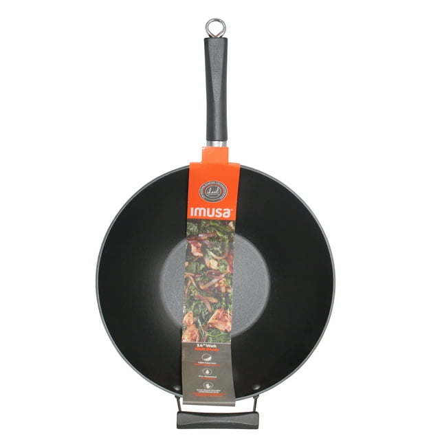 Wok tradicional presazonado de hierro fundido ligero de 14 pulgadas con mango