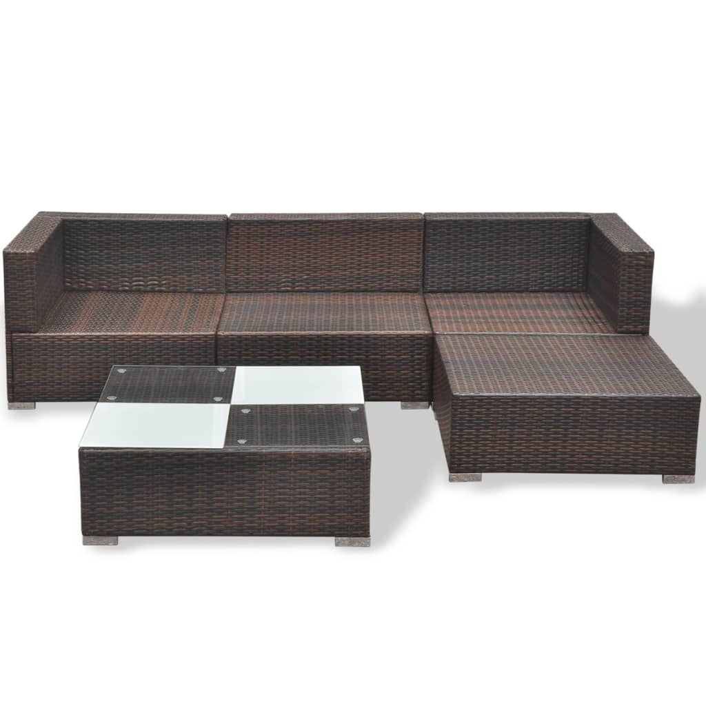 5 Piece Patio Lounge Set with Cushions Poly Rattan Brown