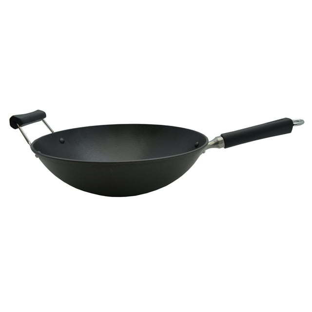 Wok tradicional presazonado de hierro fundido ligero de 14 pulgadas con mango