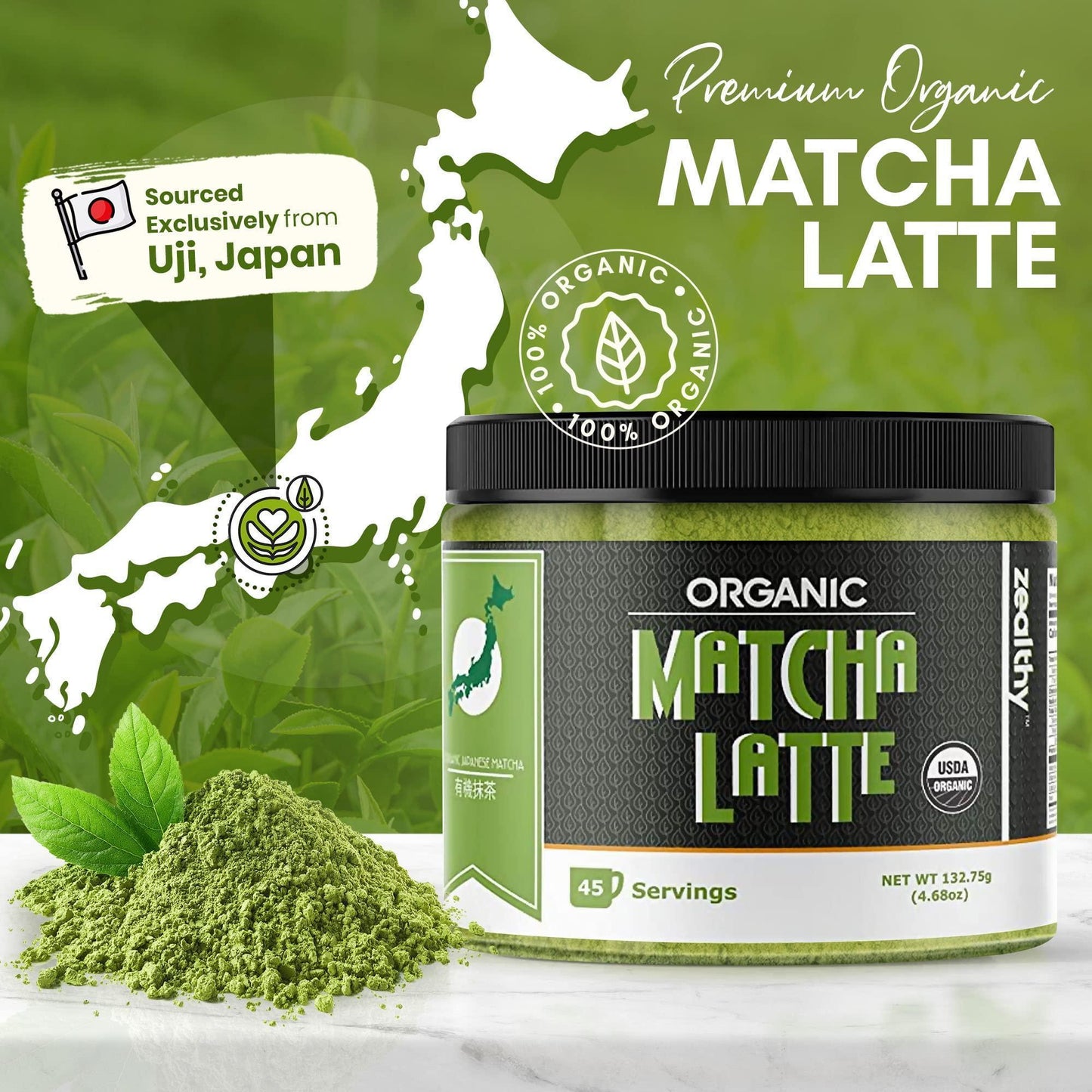 Organic Matcha Latte Pure Japanese Tea Blend with Ashwagandha and Maca 45 Servings